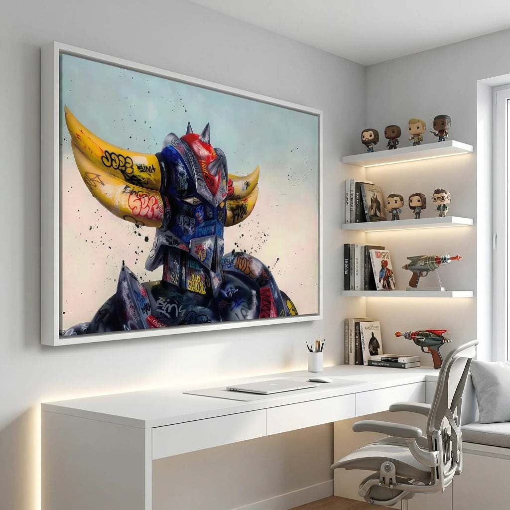 Tableau Goldorak urbain avec cornes jaunes et tags graffiti
