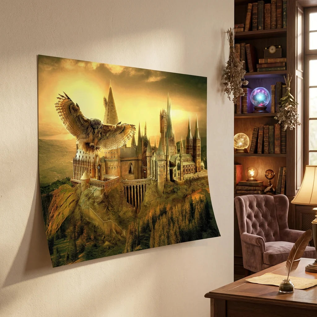 Tableau Harry Potter avec château de Poudlard au coucher du soleil