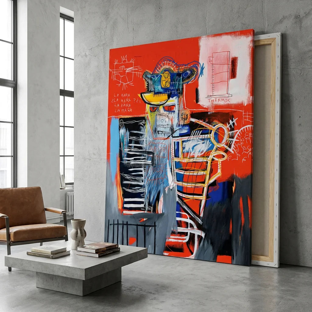 Tableau Jean Michel Basquiat La Hara style art brut rouge