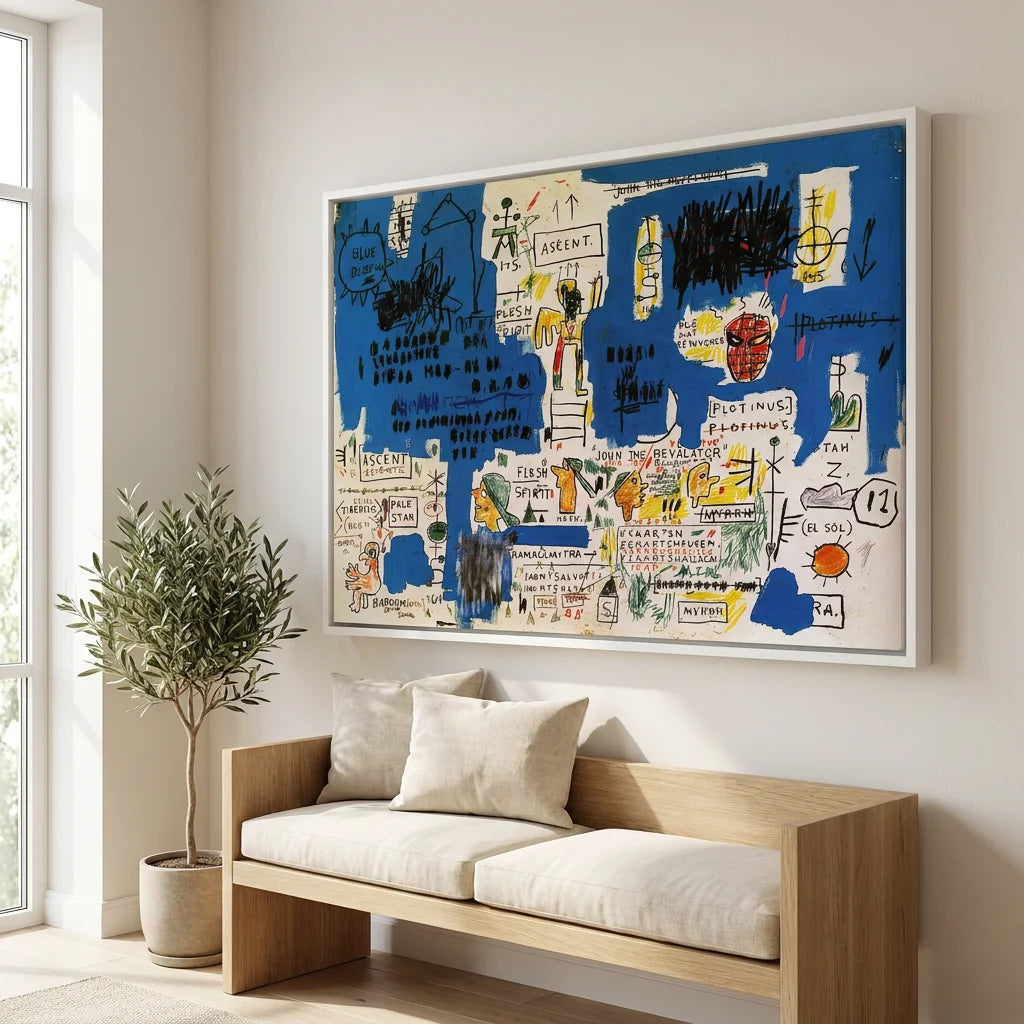Tableau Jean Michel Basquiat avec textes et dessins abstraits