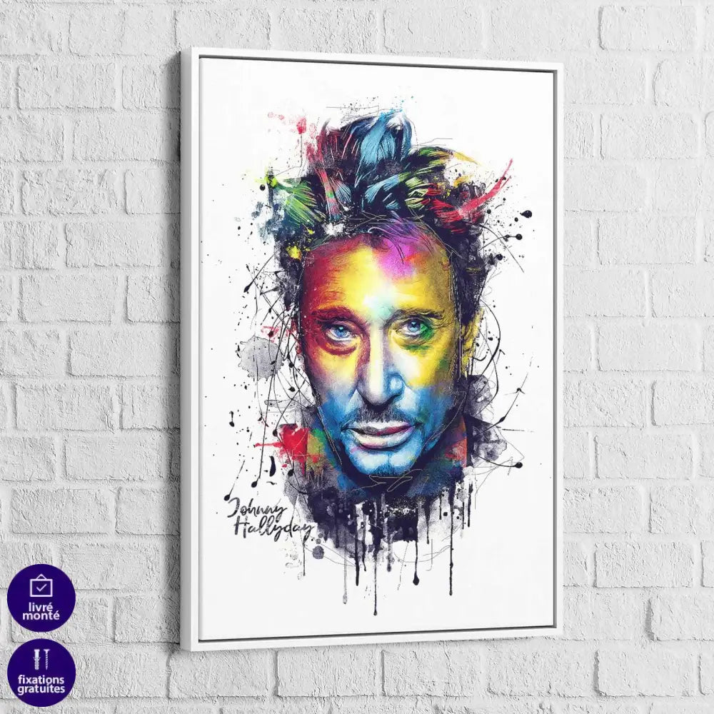 Tableau Johnny Hallyday aquarelle avec cadre blanc, finition lumineuse