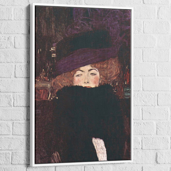 Tableau Klimt La Femme au Chapeau en cadre flottant blanc, déco lumineuse
