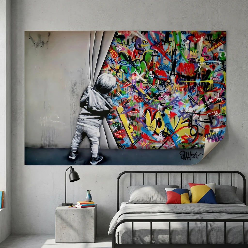 Tableau L’enfant devant le mur style art urbain moderne