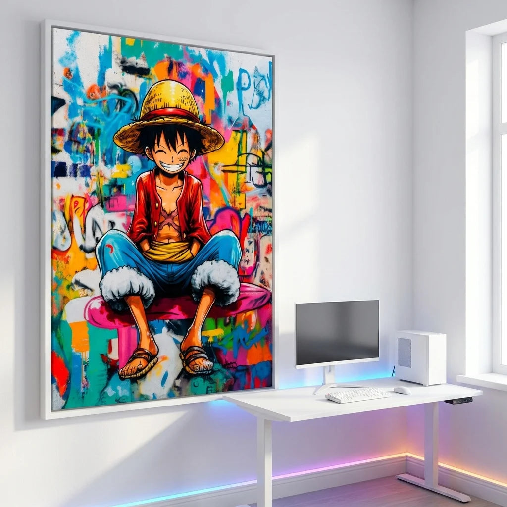 Tableau Luffy assis ambiance graffiti contemporaine