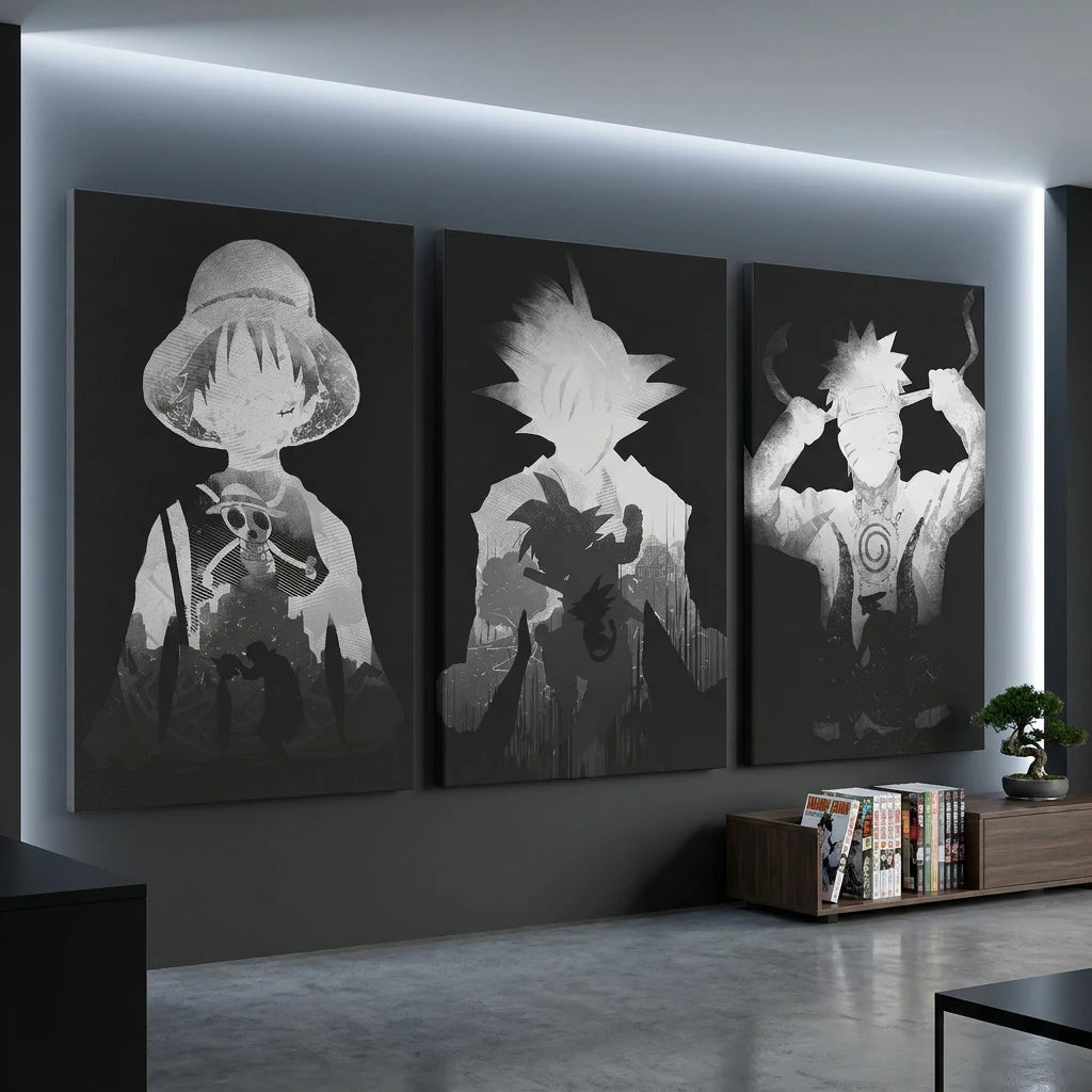 Tableau Manga Goku Luffy Naruto en triptyque noir et blanc