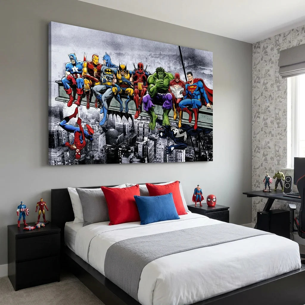 Tableau Marvel avec super héros assis sur poutre