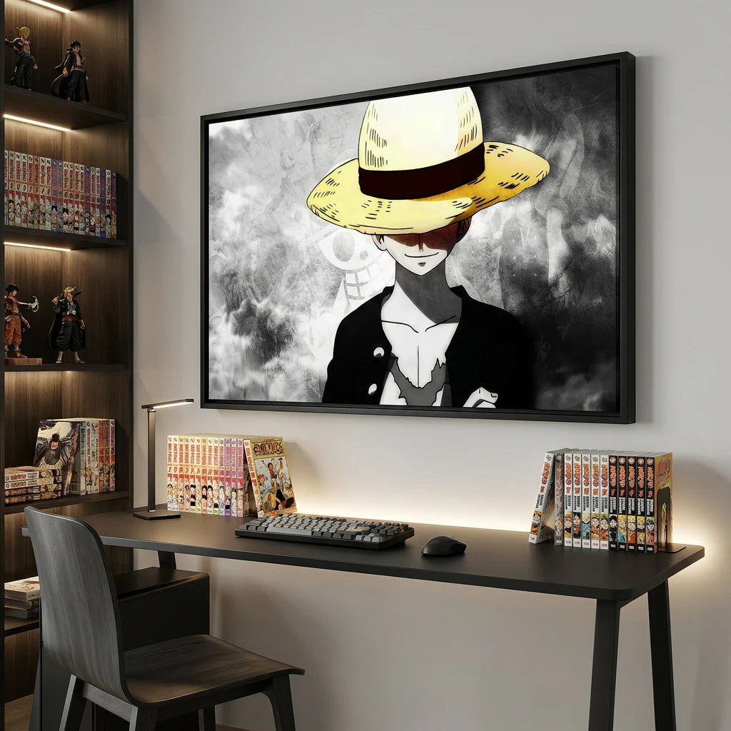 Tableau Monkey D Luffy style manga noir et blanc
