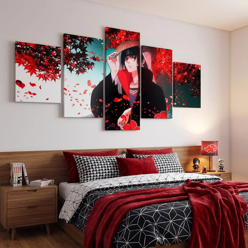 Tableau Naruto Itachi avec feuilles rouges d’automne