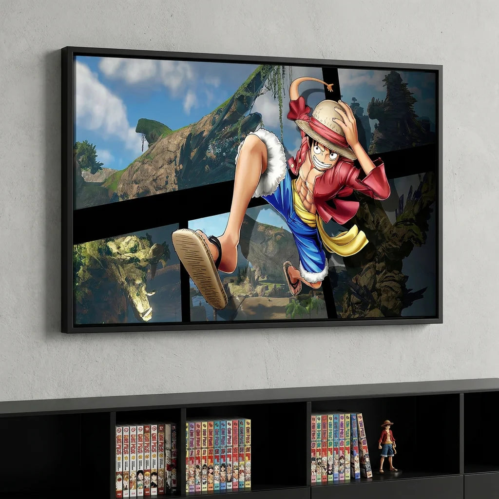Tableau One Piece Luffy pirate sur fond de paysage fantastique