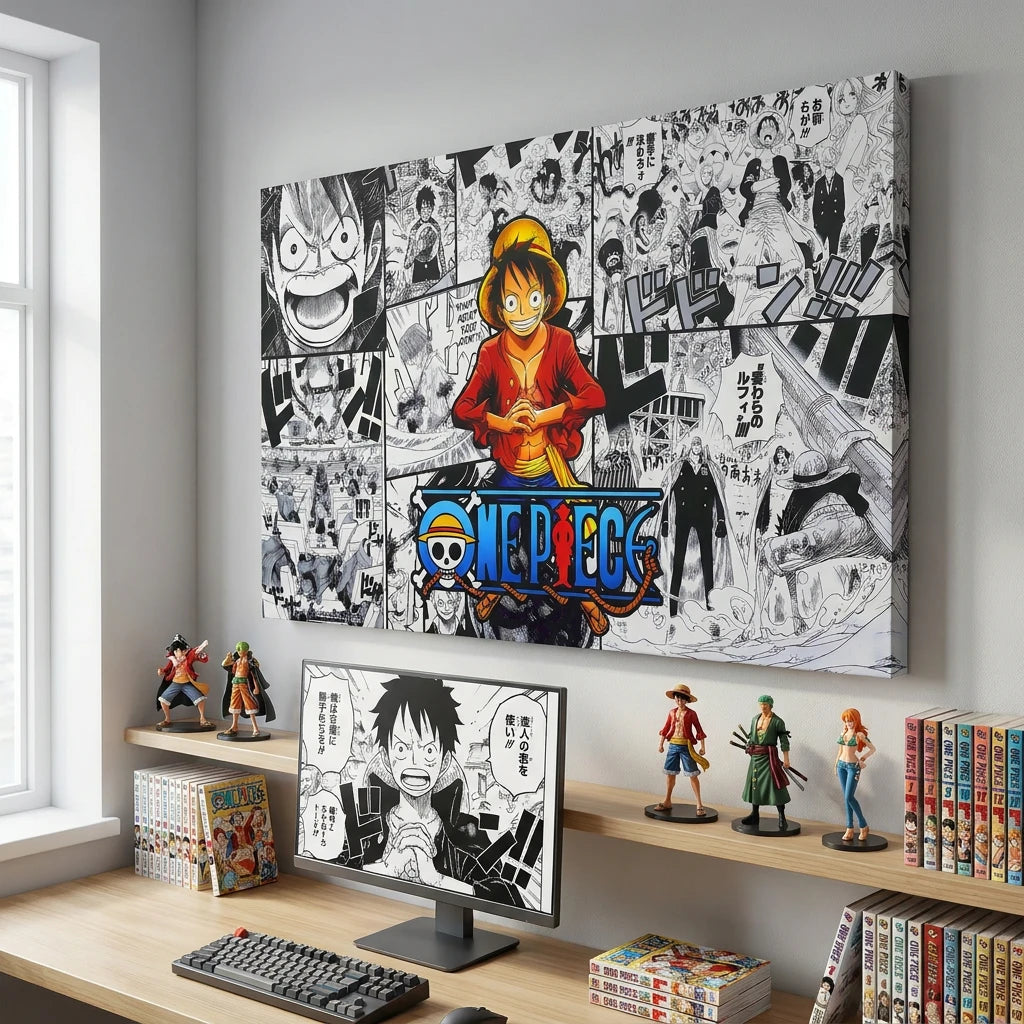 Tableau One Piece avec pages manga et logo coloré