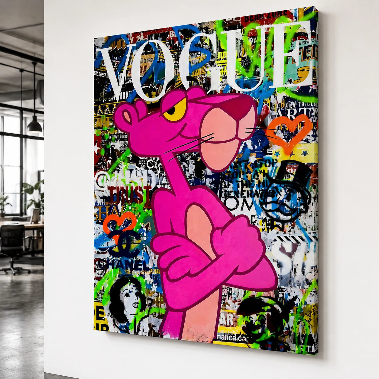 Tableau Panthère Rose Vogue cadre flottant blanc