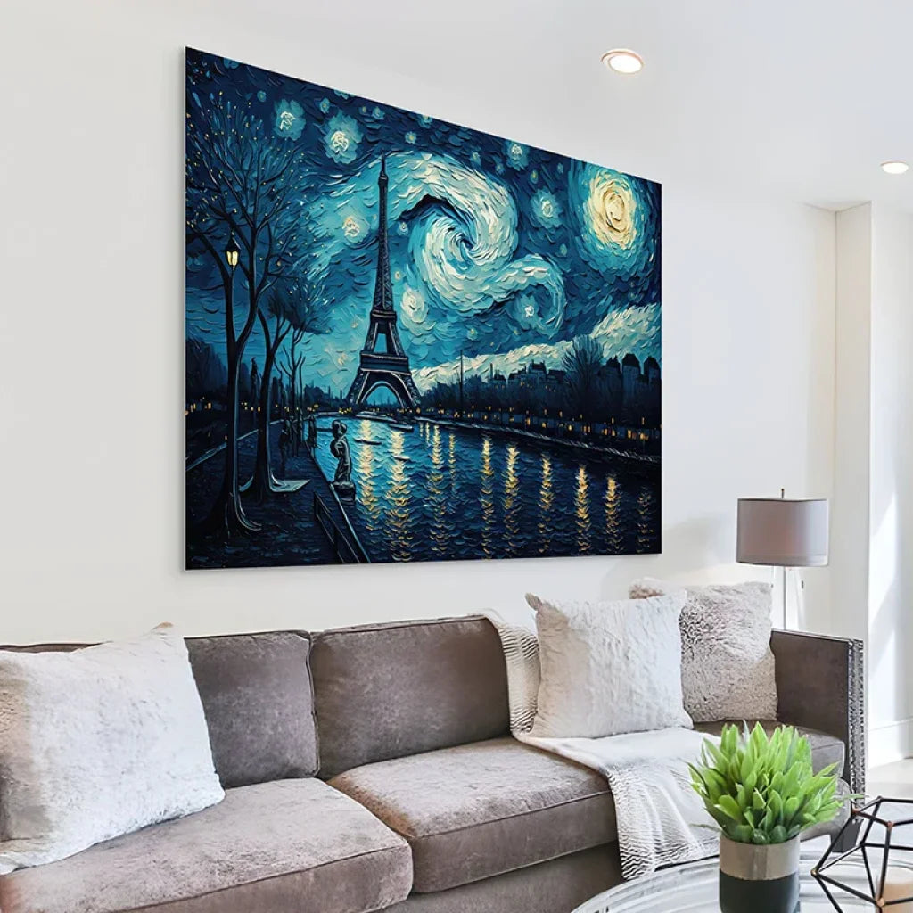 Tableau Paris – Nuit étoilée sur la Tour Eiffel, reflets dorés sur la Seine