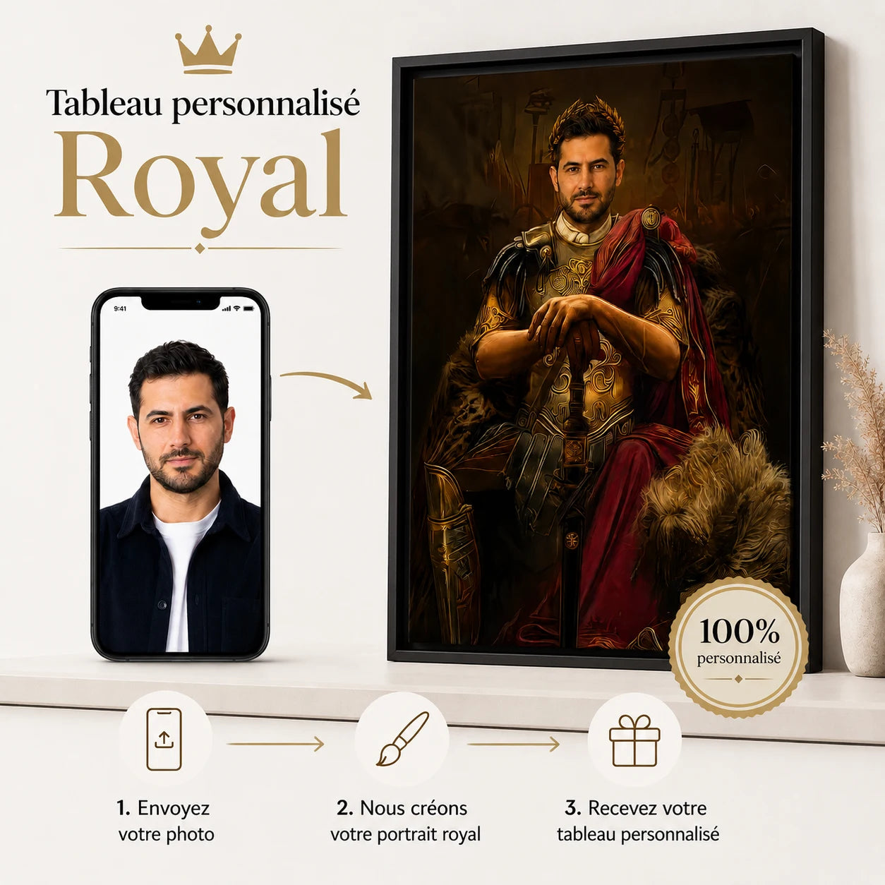 Tableau Personnalisé Empereur Romain avec cadre flottant noir – portrait royal sur mesure