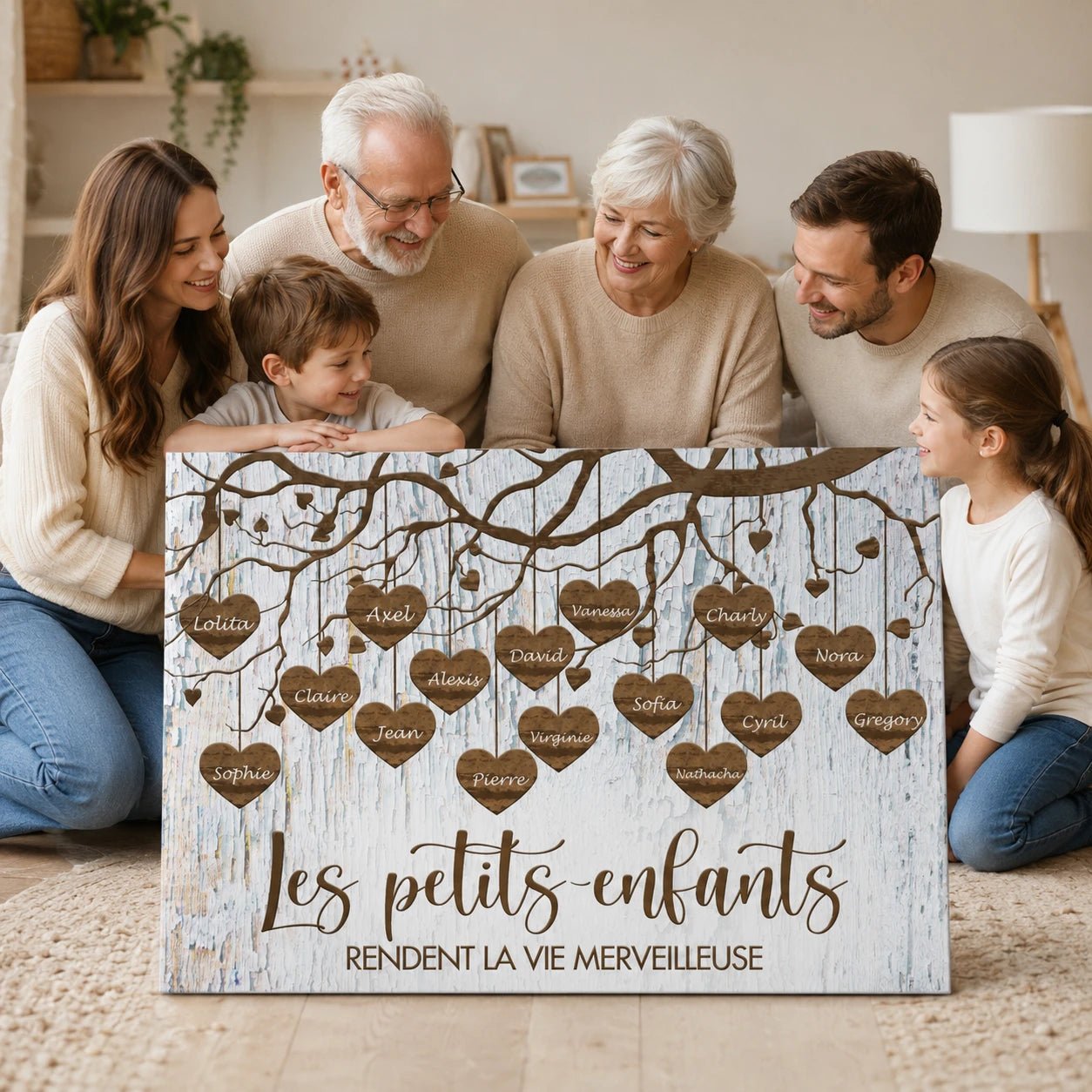 Tableau Personnalisé Prénoms Petits Enfants avec cœurs suspendus et prénoms de famille