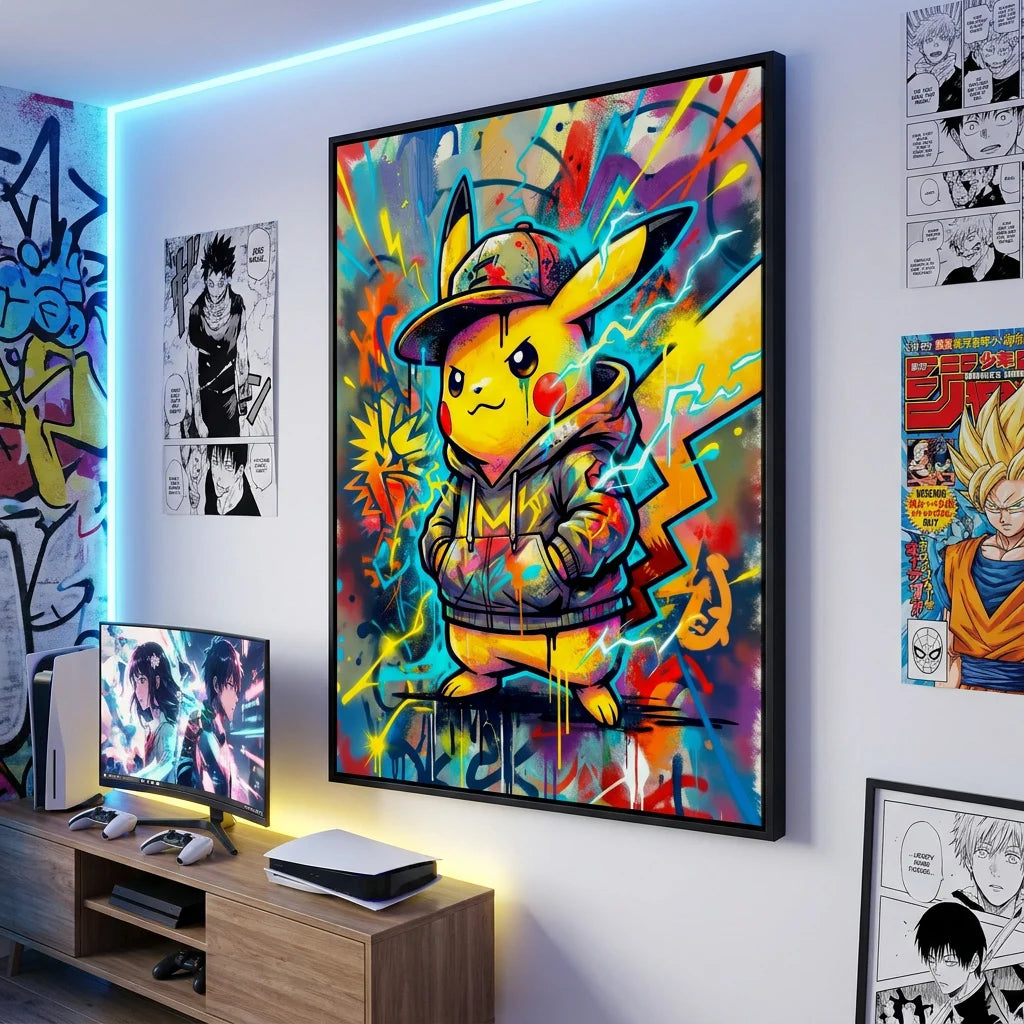 Tableau Pikachu street art graffiti coloré