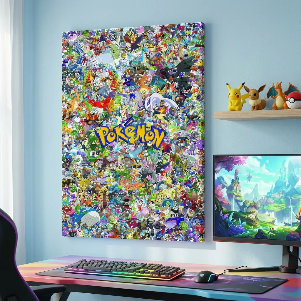 Tableau Pokémon vertical avec multitude de personnages