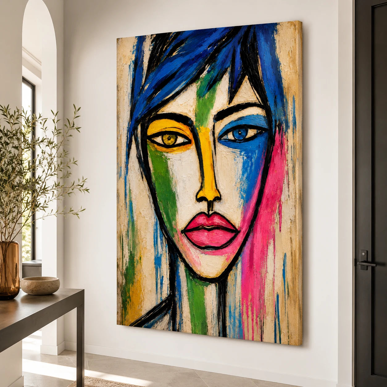 Tableau Portrait Femme Abstrait Coloré – visage féminin moderne aux couleurs vives