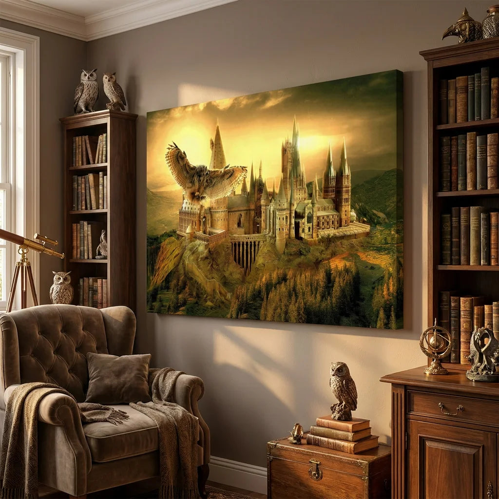 Tableau Poudlard Harry Potter paysage fantasy doré