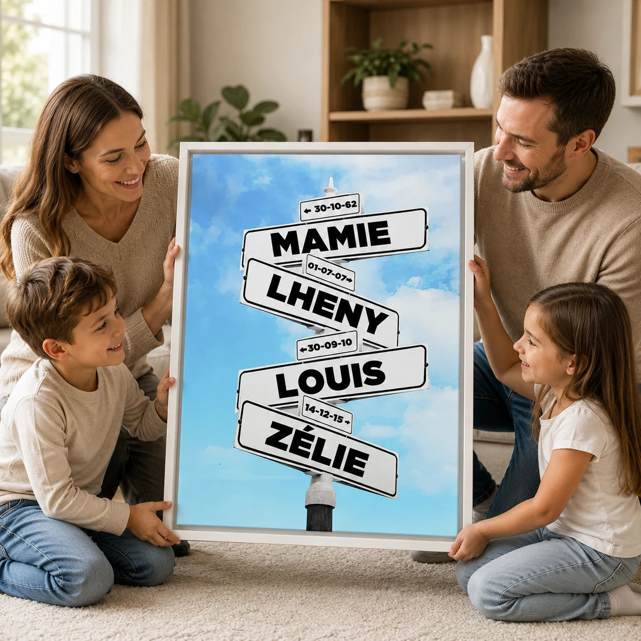 Tableau Prénoms Intersection avec cadre flottant blanc