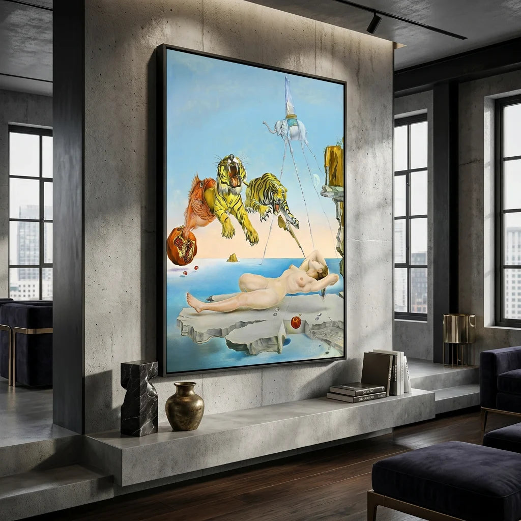 Tableau Salvador Dalí avec cadre flottant noir dans une décoration intérieure moderne et élégante.