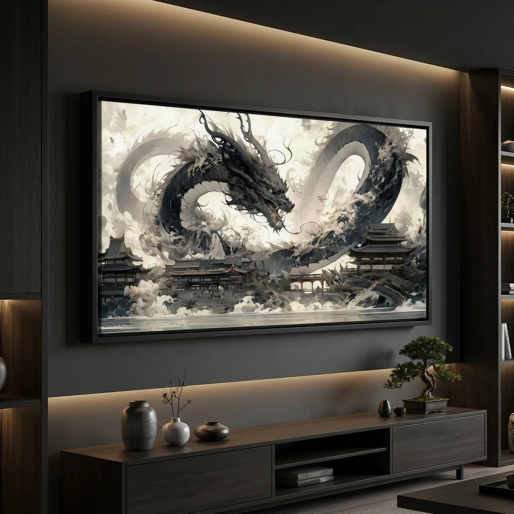 Tableau Shenron Sombre avec temples asiatiques et brume