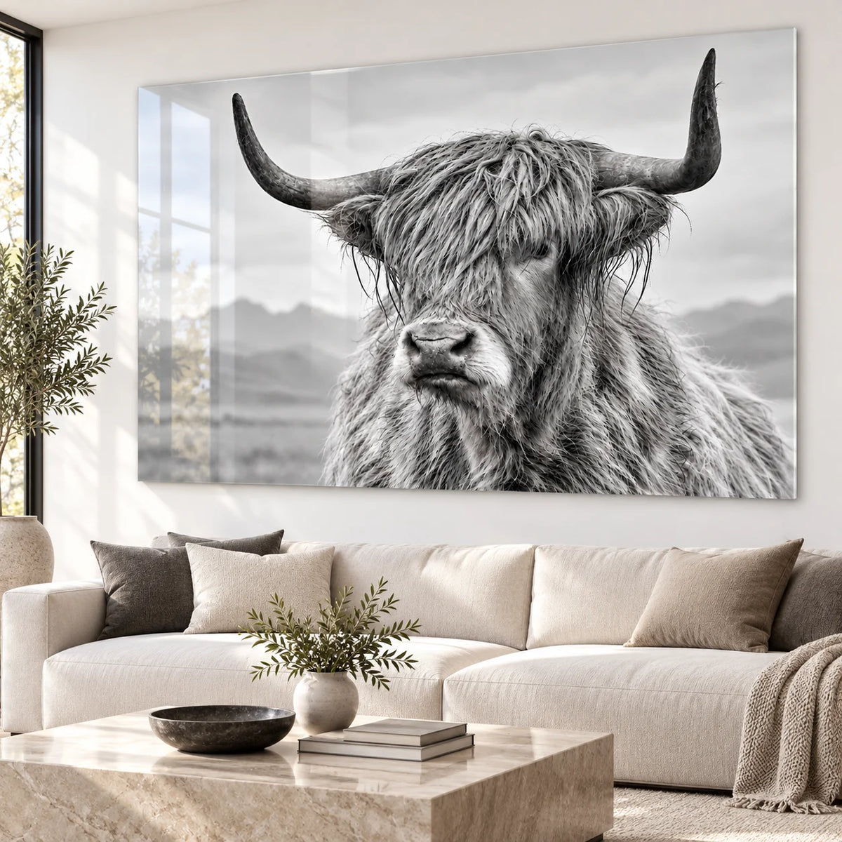 Tableau Vache Highland sur Plexiglas brillant avec léger reflet dans un salon moderne