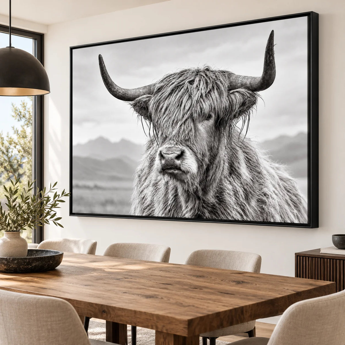 Tableau Vache Écossaise noir et blanc avec cadre flottant noir dans un salon contemporain