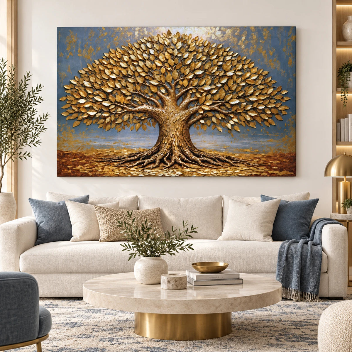 Tableau arbre de vie bleu et or pour chambre élégante