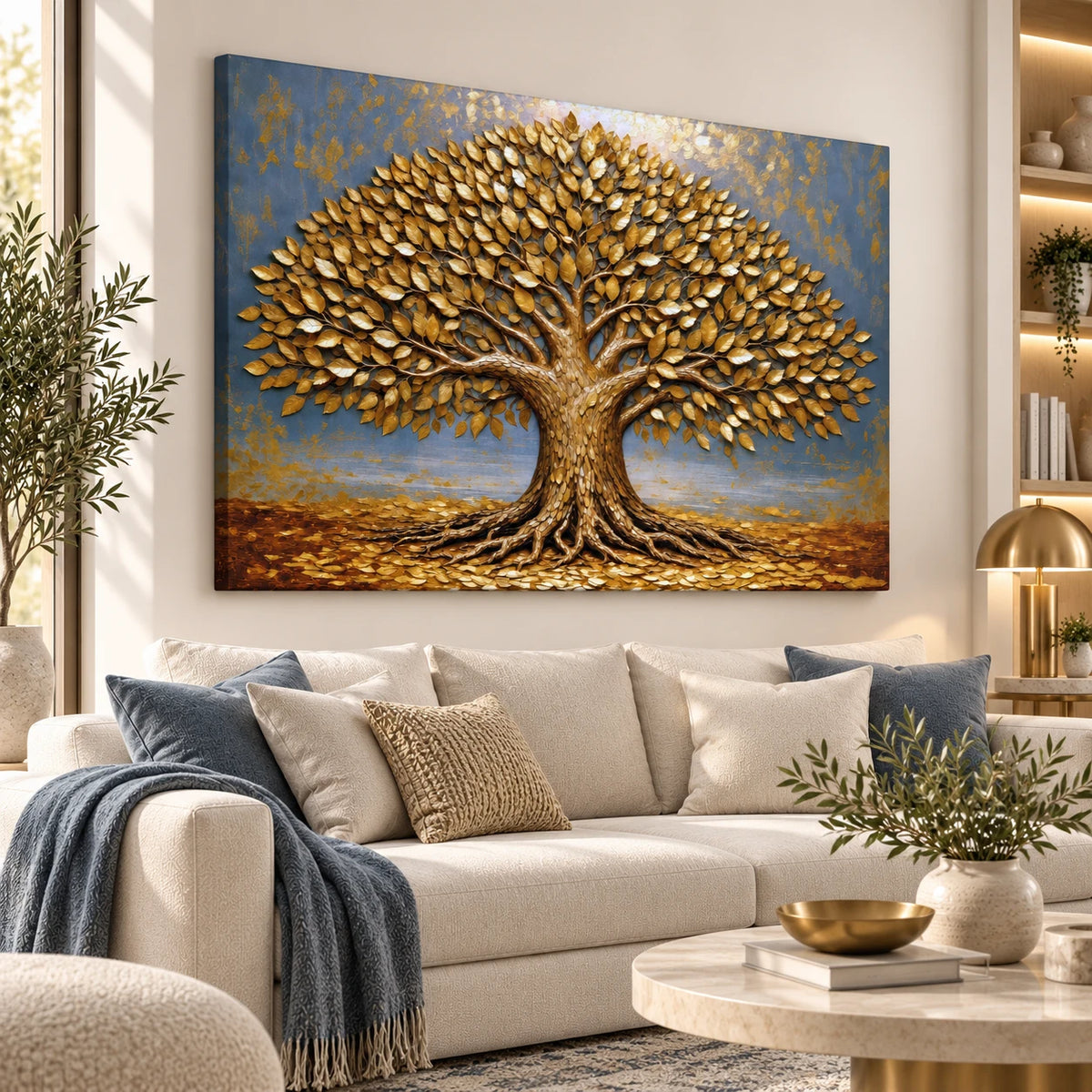 Tableau arbre de vie doré pour salon moderne