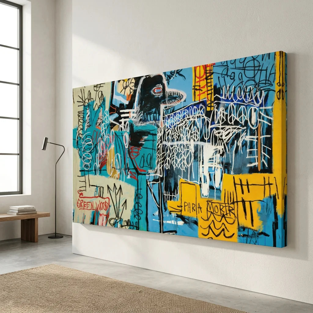 Tableau art brut Basquiat Oiseau D’argent format panoramique