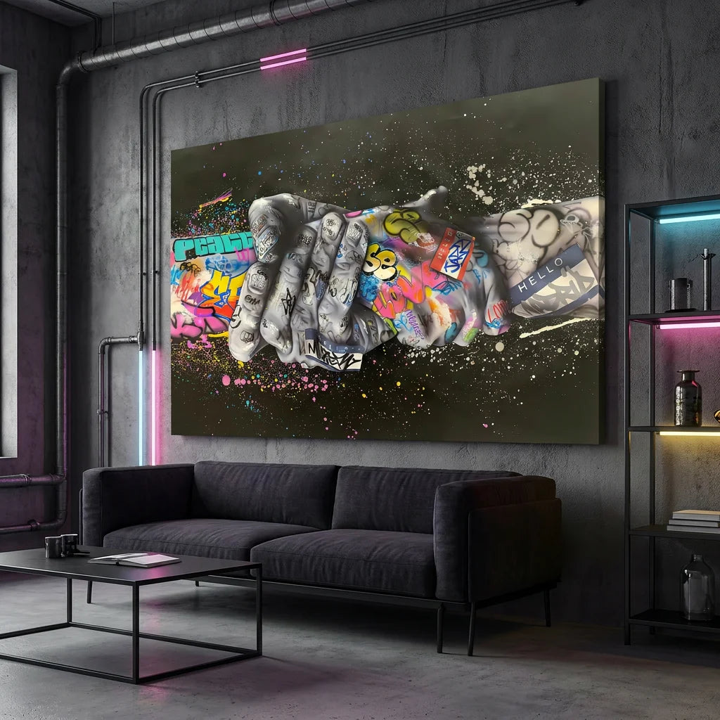 Tableau art urbain avec mains recouvertes de graffitis
