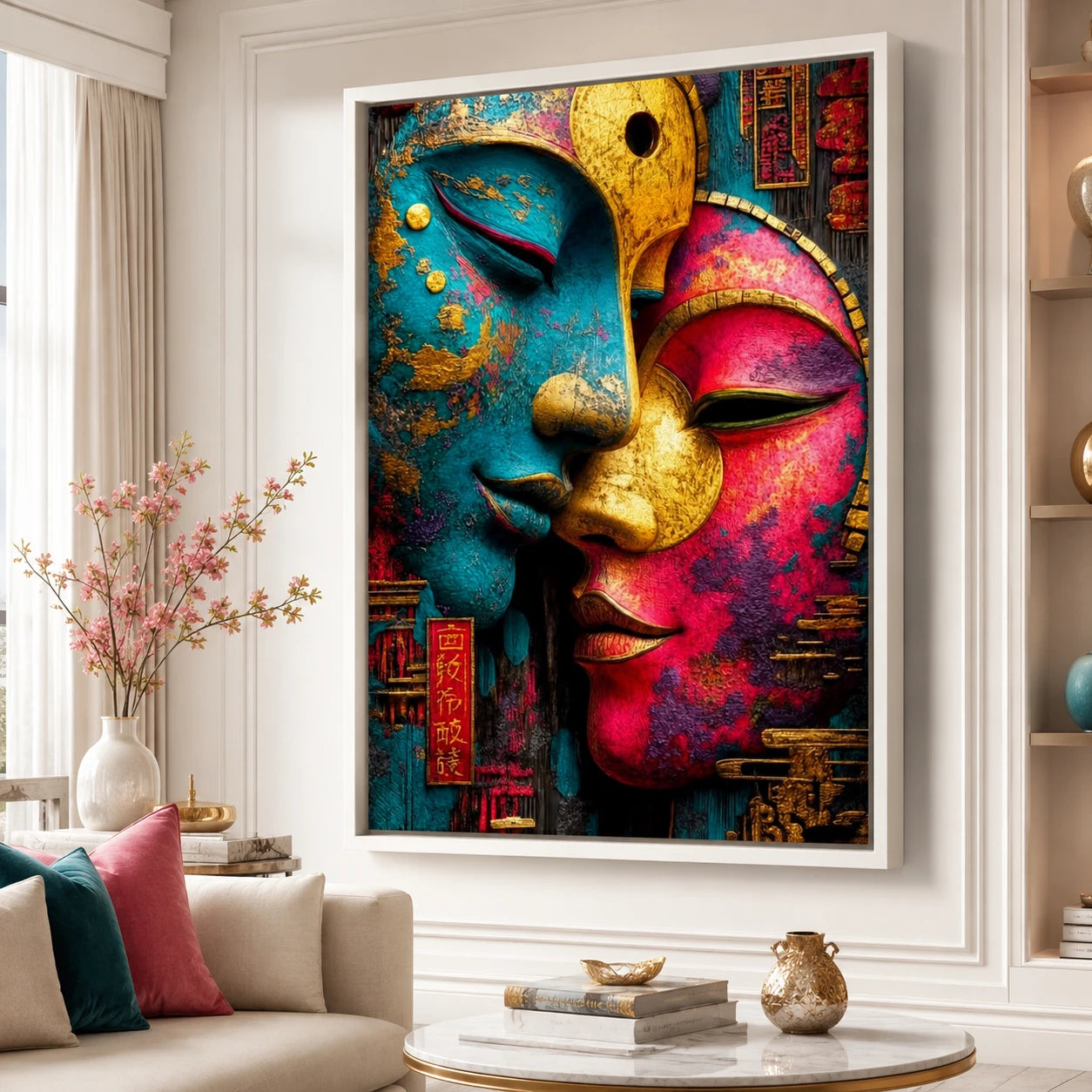 Tableau asiatique avec cadre flottant noir sur mur blanc