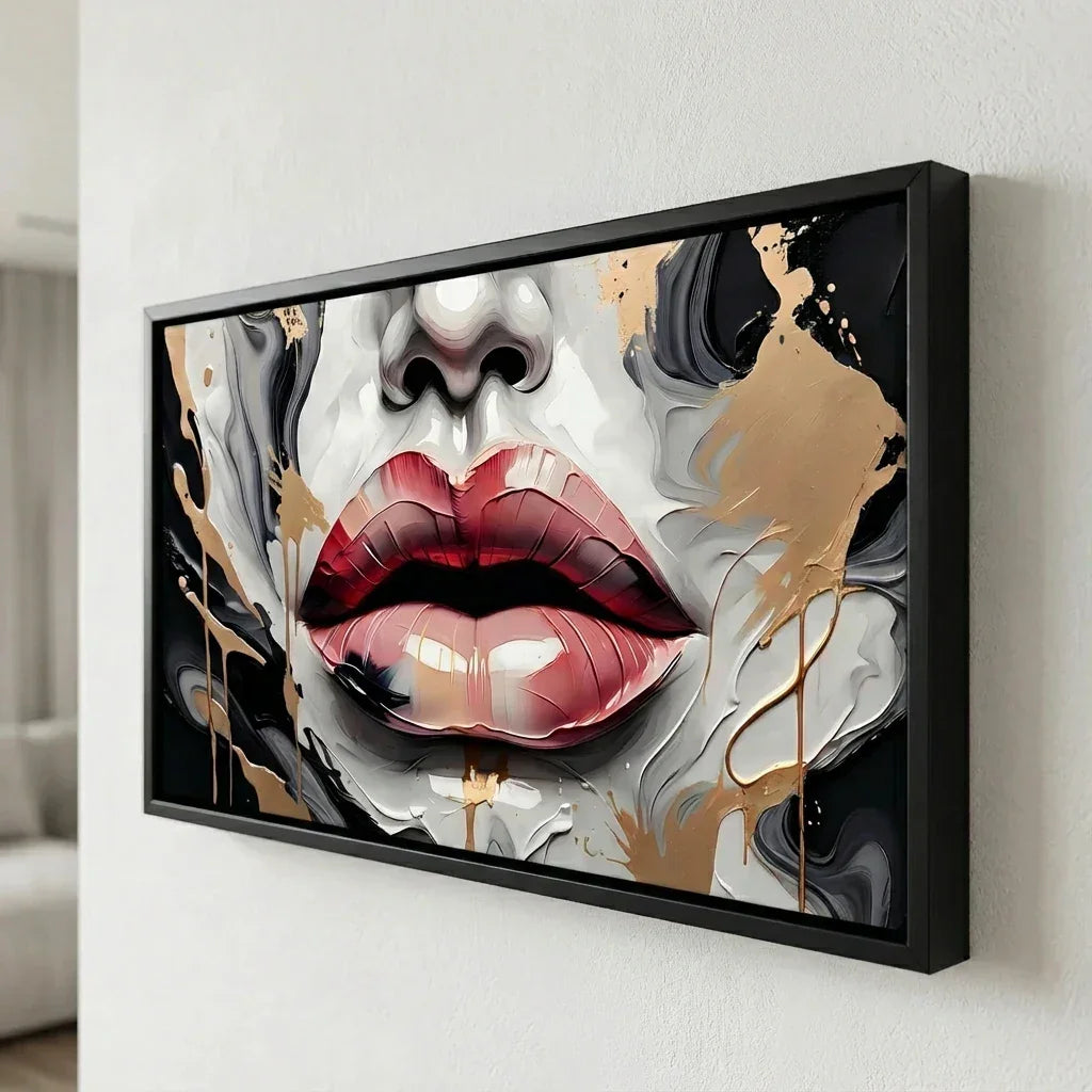 Tableau bouche femme art moderne noir et or