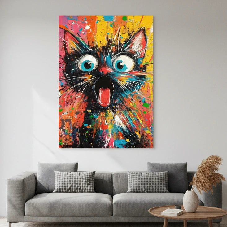 Tableau chat drôle bouche ouverte art urbain couleurs vives