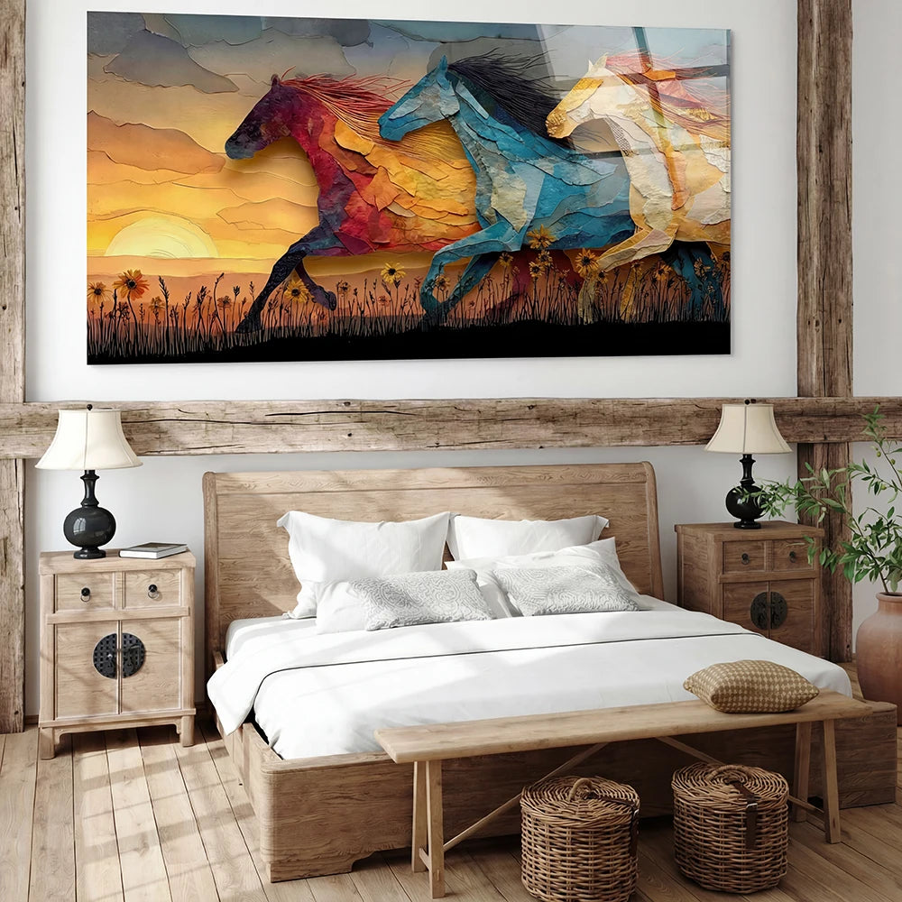 Tableau chevaux du crépuscule en art mural coloré dans une chambre chaleureuse