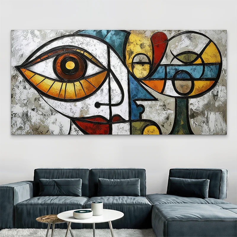 Tableau contemporain abstrait avec visage stylisé multicolore en déco murale