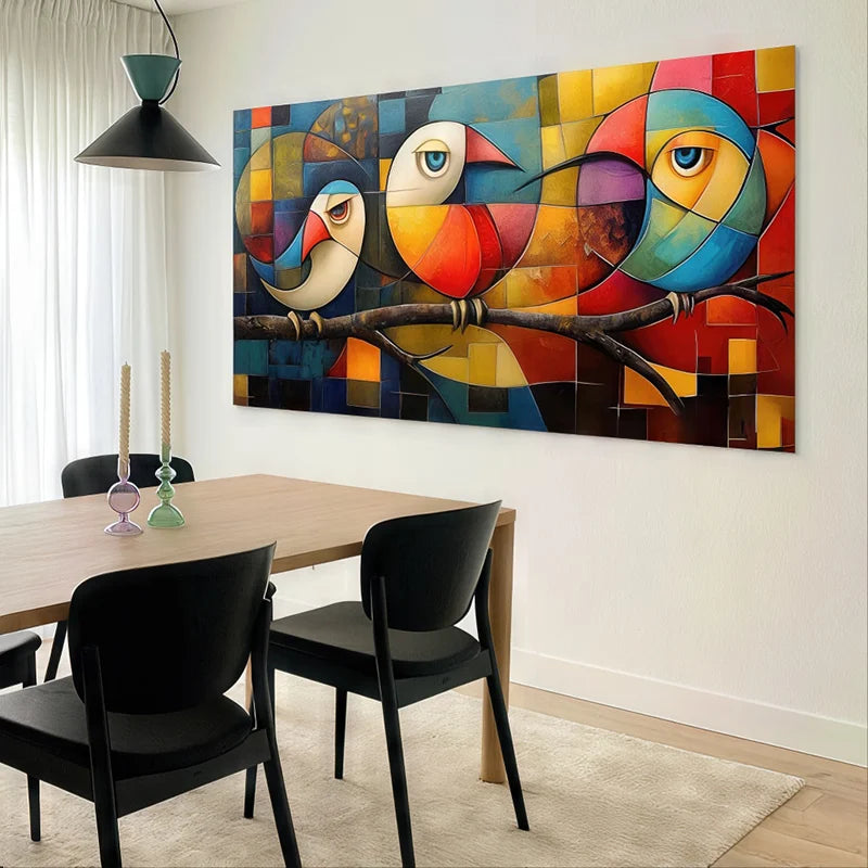 Tableau contemporain coloré de trois oiseaux stylisés sur une branche, style géométrique abstrait
