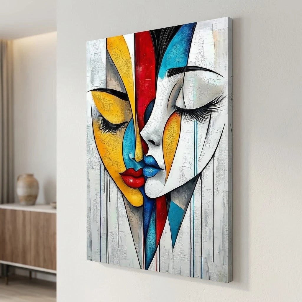 Tableau couple abstrait visages fusionnés rouge jaune bleu sur mur blanc