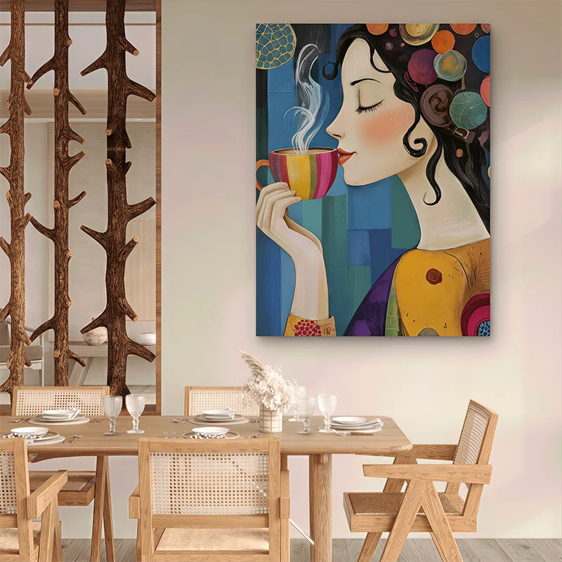 Tableau cuisine femme dégustant un café coloré avec fond artistique moderne