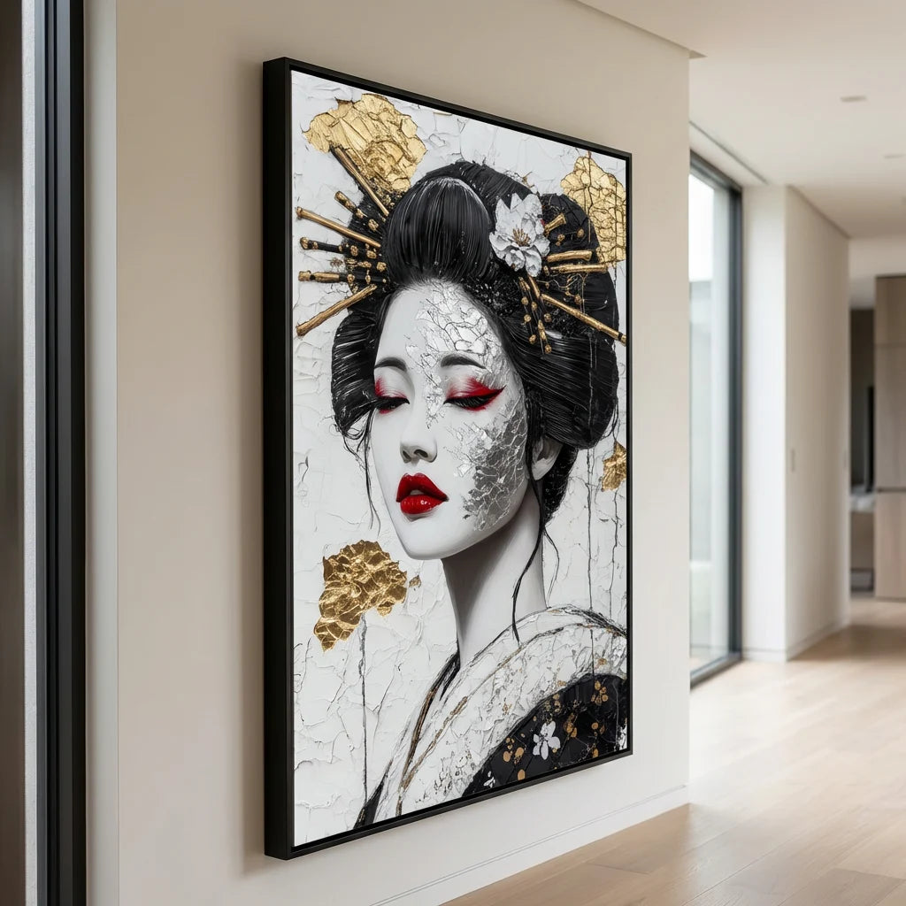 Tableau déco japonaise geisha visage artistique noir blanc et or