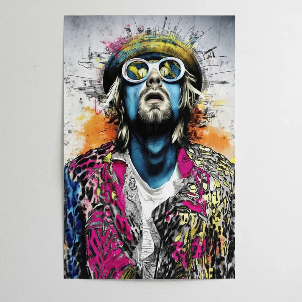 Tableau déco rock portrait artistique couleurs rose bleu orange