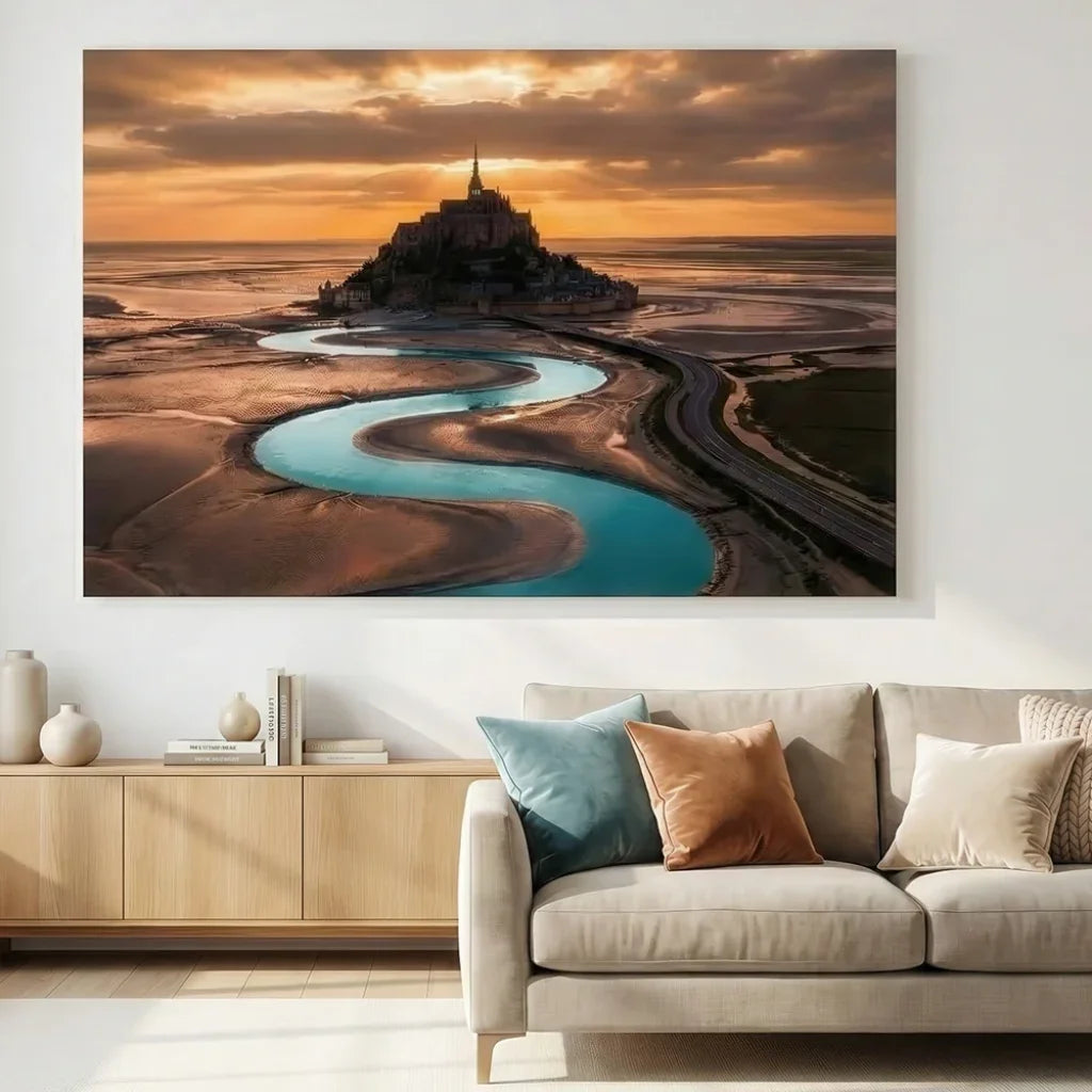 Tableau décoratif Mont Saint-Michel au coucher de soleil, lumière dorée sur l’abbaye
