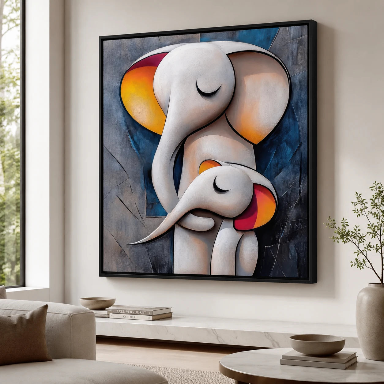 Tableau famille éléphants abstrait contemporain
