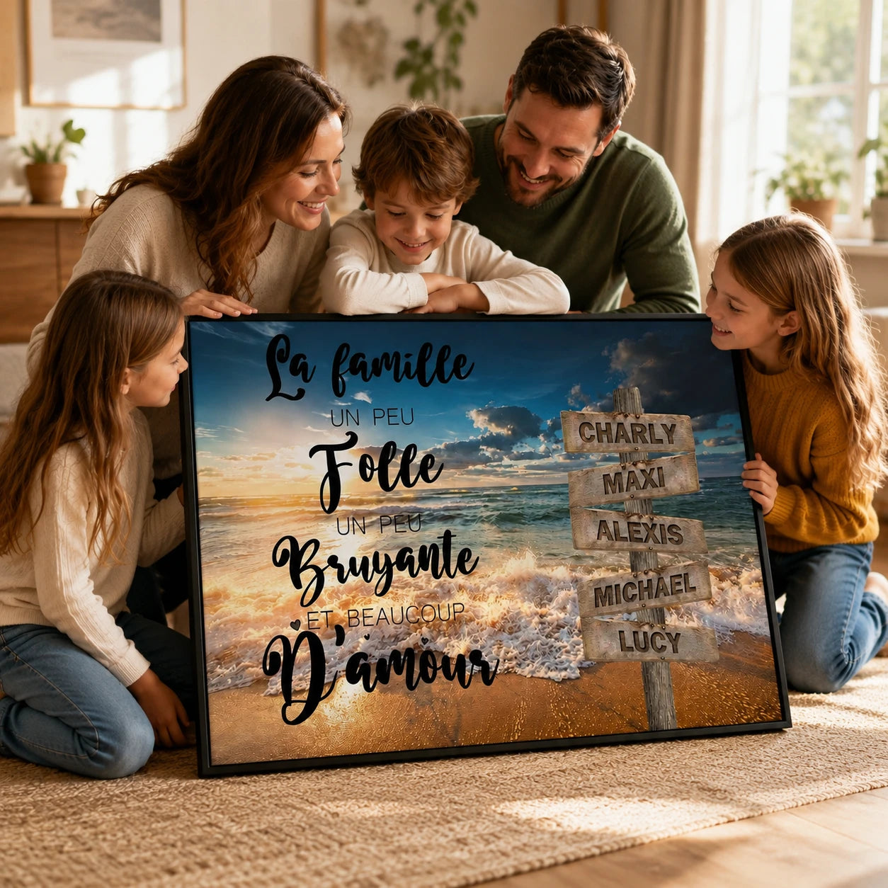 Tableau famille personnalisé avec prénoms sur panneaux en bois