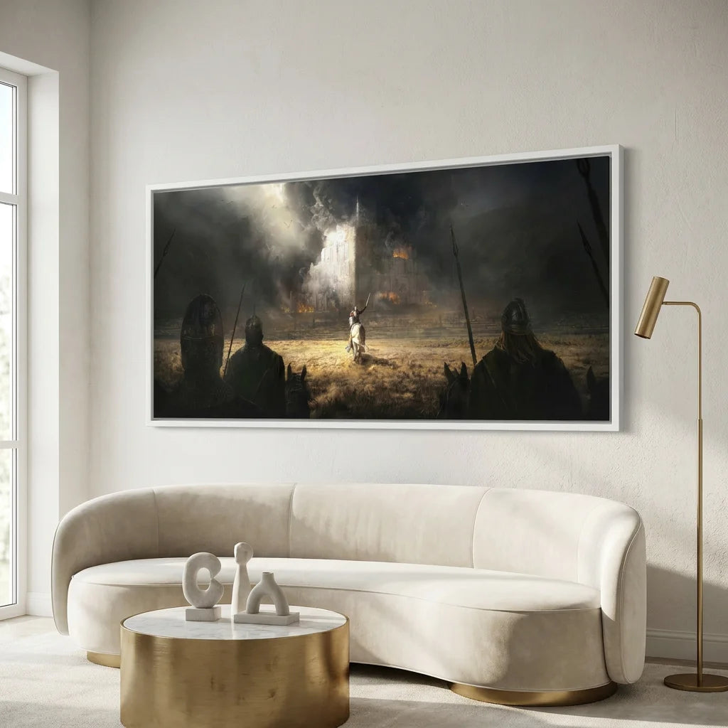 Tableau fantasy médiéval avec cavaliers et château en feu