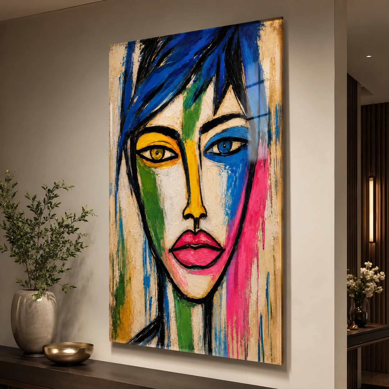 Tableau femme abstrait coloré en Plexiglas avec effet brillant dans une entrée moderne
