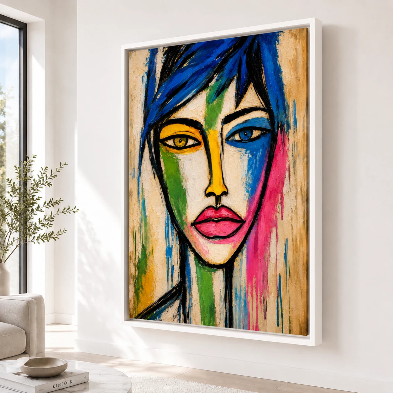 Tableau femme abstrait coloré en Plexiglas avec effet brillant dans une entrée moderne