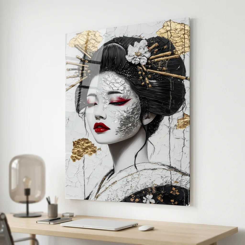 Tableau femme geisha contemporaine avec touches dorées et rouges