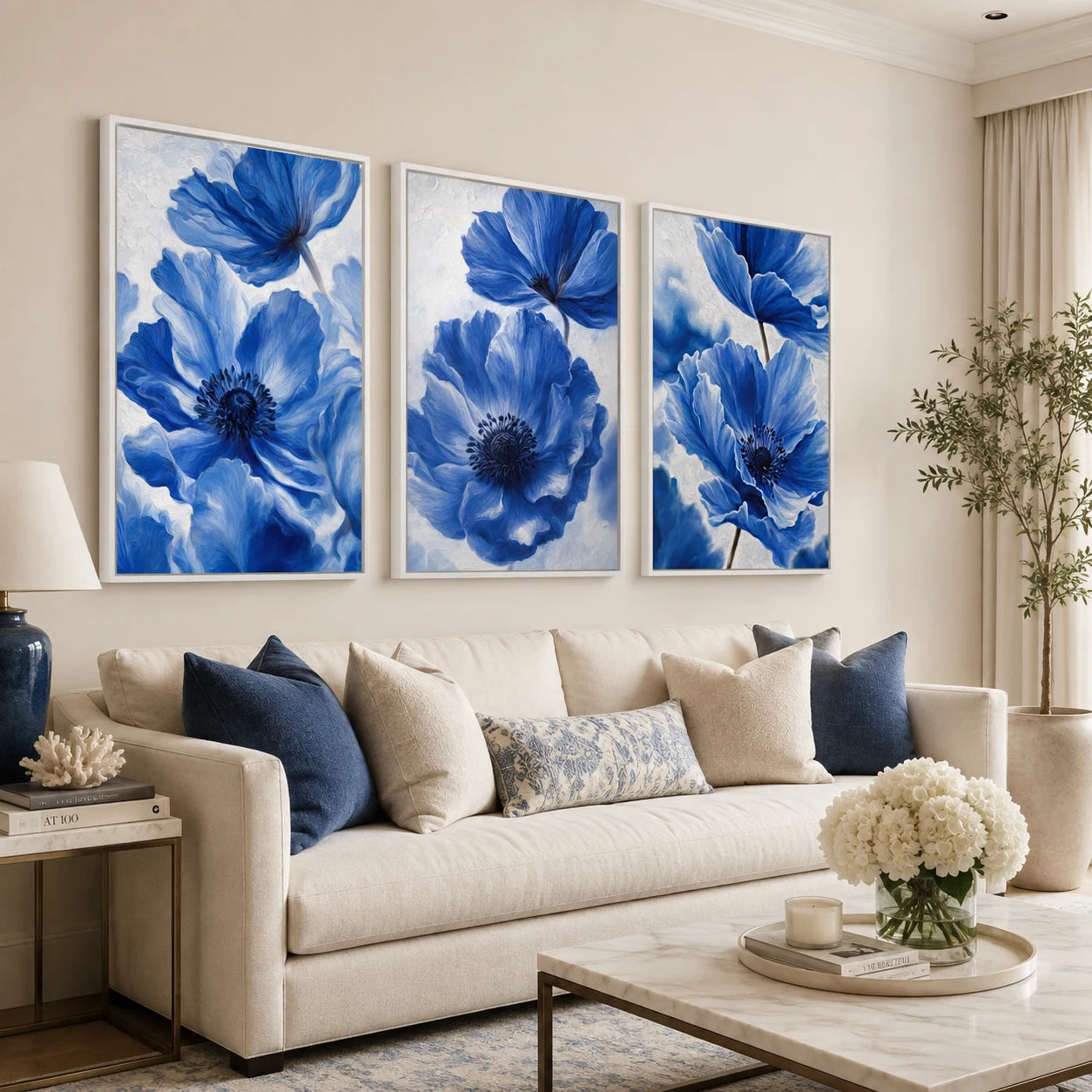 Tableau floral bleu triptyque décoration salon
