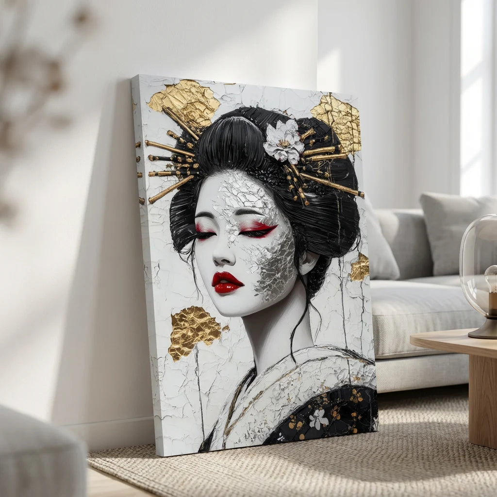 Tableau geisha moderne noir et or style japonais élégant
